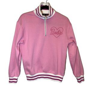 Barbie Sweatshirt Womens Size S Pink White Logo Barbie Movie Quarter Zip